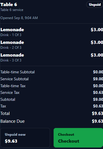 BilliardsManager checkout detail showing itemized charges, tax, balance due, and checkout action