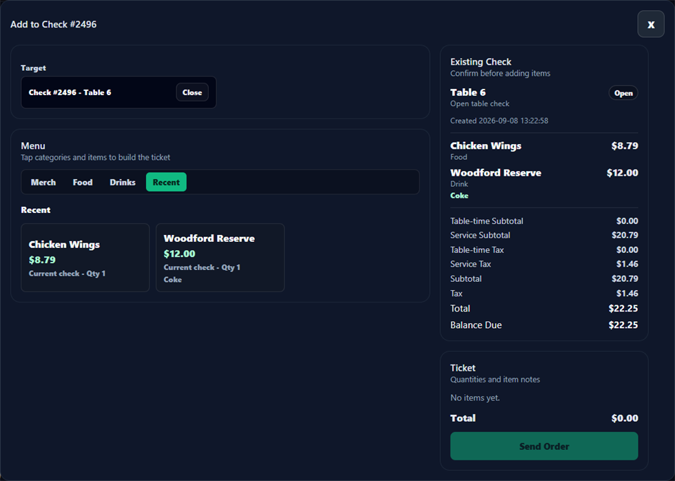 BilliardsManager add-to-check order screen showing menu items added to an existing table check