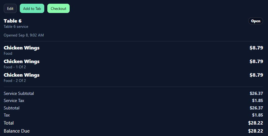 BilliardsManager tab detail showing service items, subtotal, tax, total, and balance due