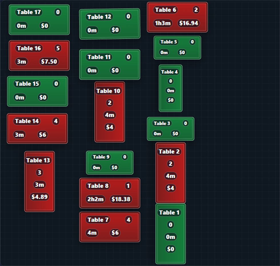 BilliardsManager Table Manager showing active pool tables, balances, and table detail controls