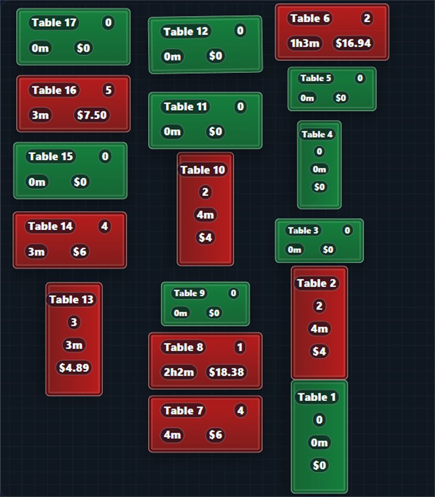 BilliardsManager live floor layout with table status, player counts, elapsed time, and an active table detail panel